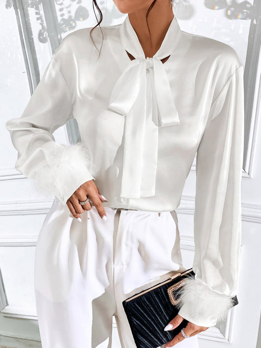 Tie Neck Long Sleeve Shirt in White