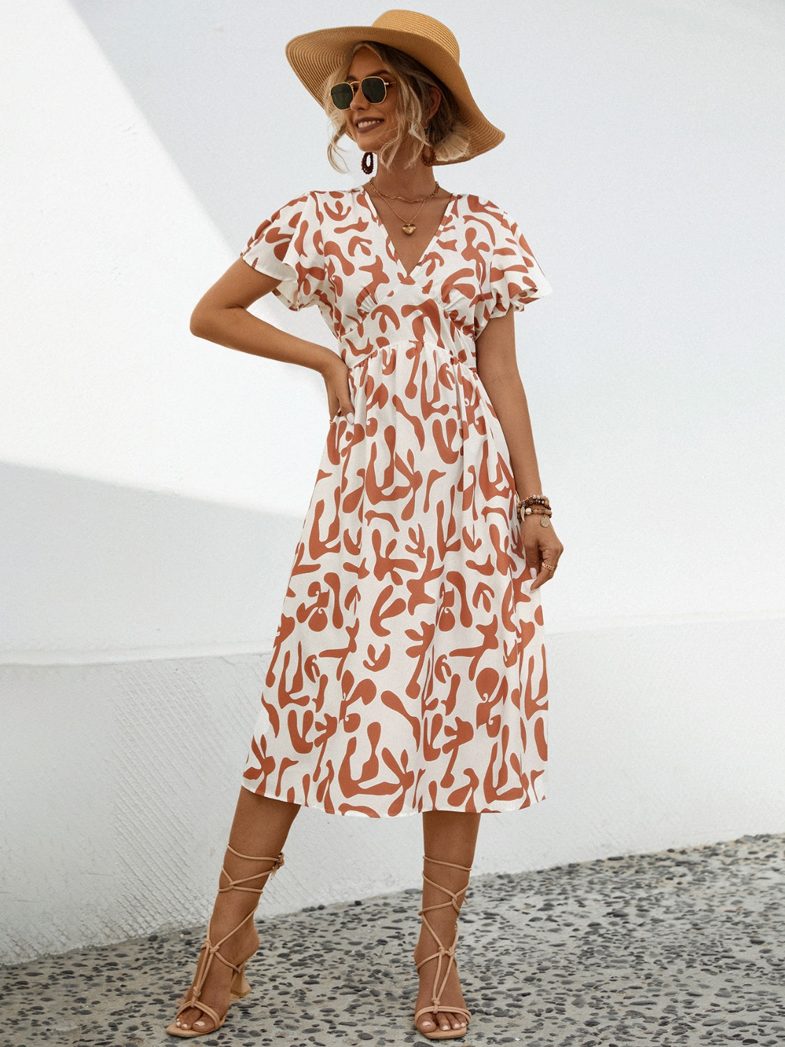 Printed V-Neck Short Sleeve Dress (3 Colors)
