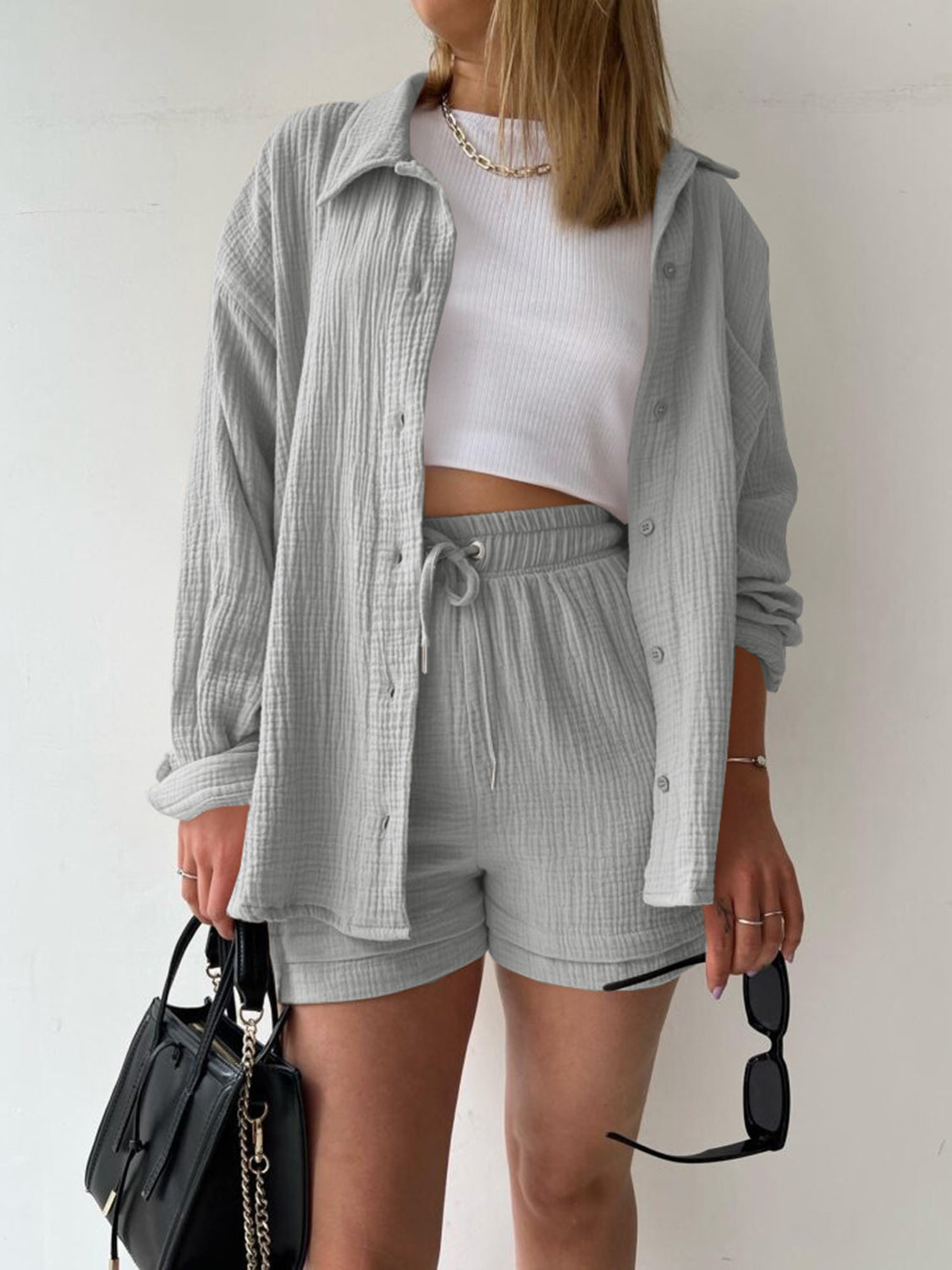 Outfit Set - Texture Button Up Shirt and Drawstring Shorts (11 Colors up to 2XL)