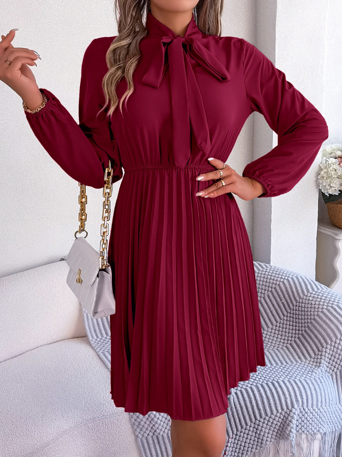 Tie Neck Balloon Sleeve Pleated Dress (5 Colors)
