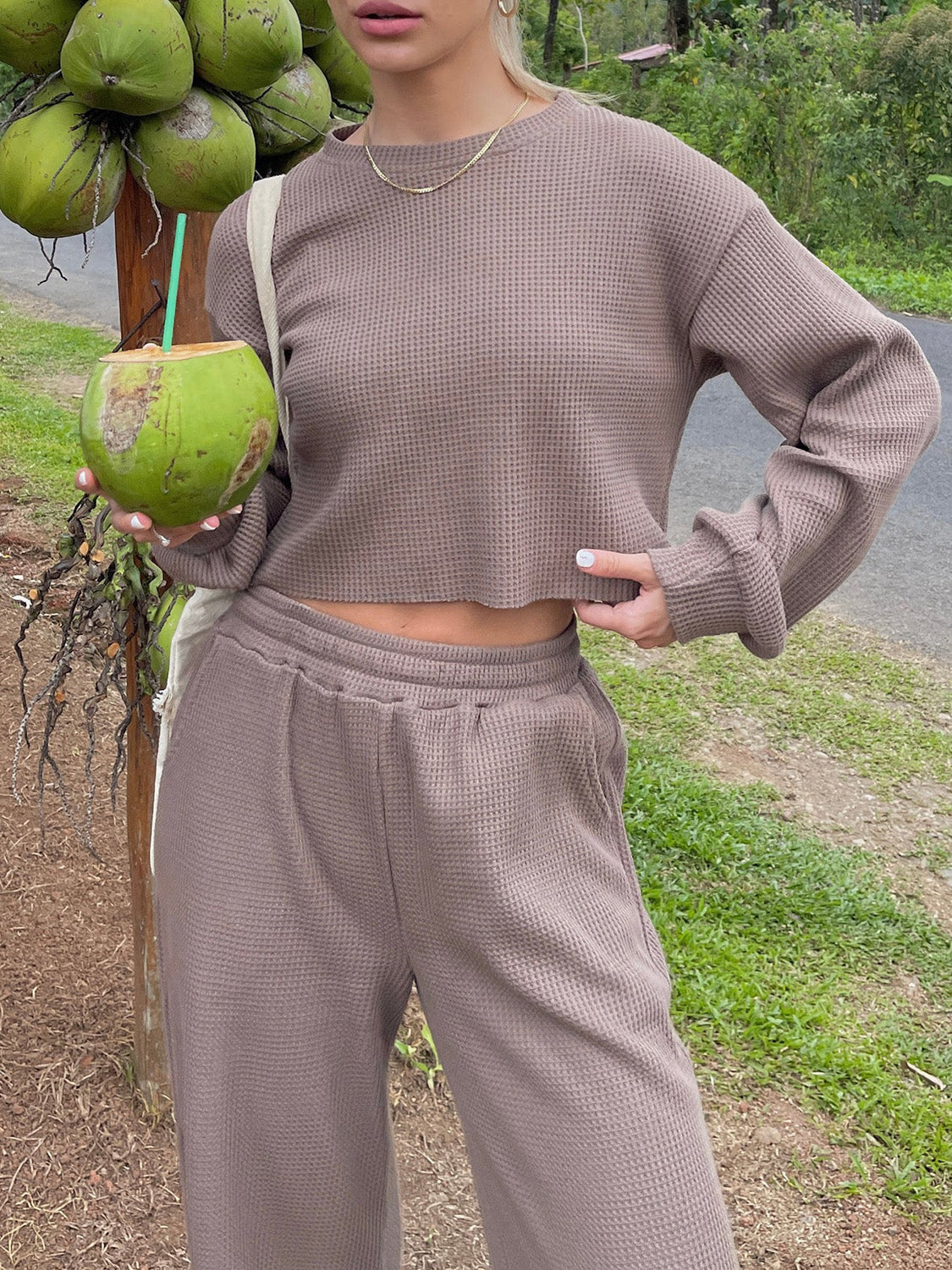 Waffle-Knit Round Neck Top and Pants Set (4 Colors)