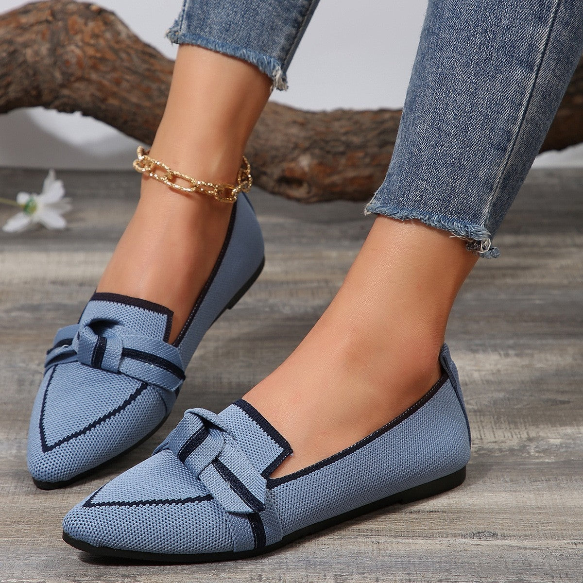 Bow Contrast Trim Point Toe Loafers (5 Colors)