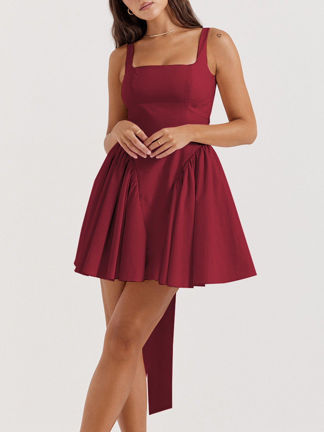 Backless Bow Detail Square Neck Mini Dress (4 Colors)