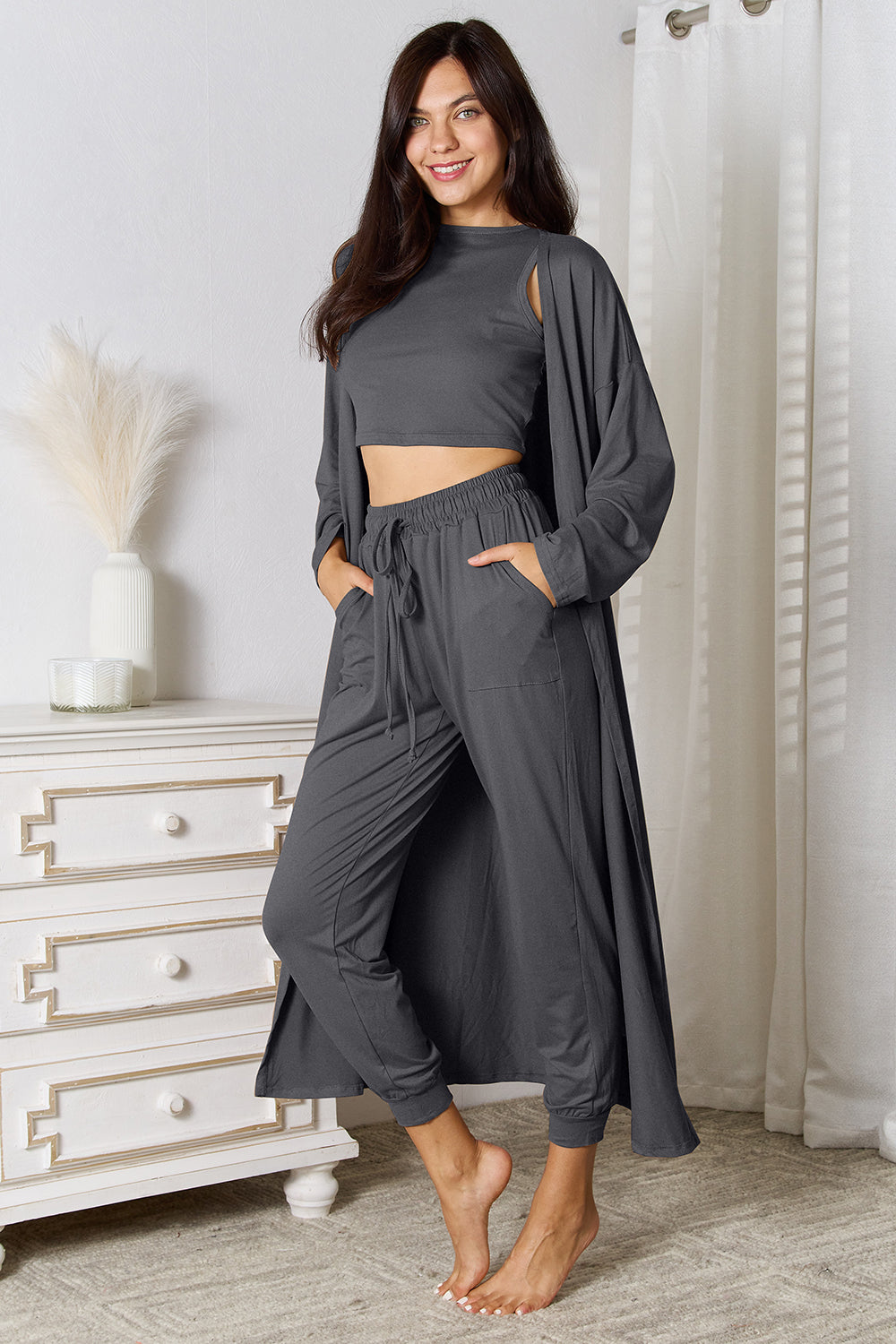 Tank, Pants, and Cardigan 3 Piece Set with Pockets (4 Colors)