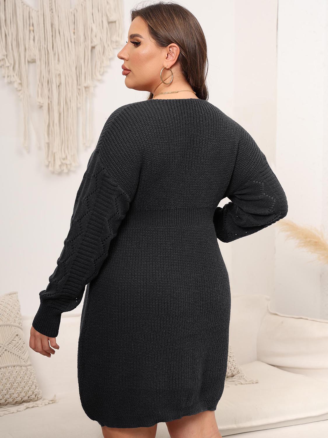 Plus Size Dropped Shoulder Long Sleeve Knit Mini Dress (3 Colors)