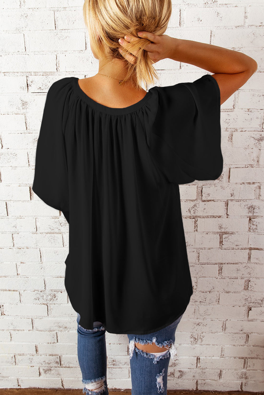 Gathered Detail Notched Neck Flutter Sleeve Top (8 Colors)