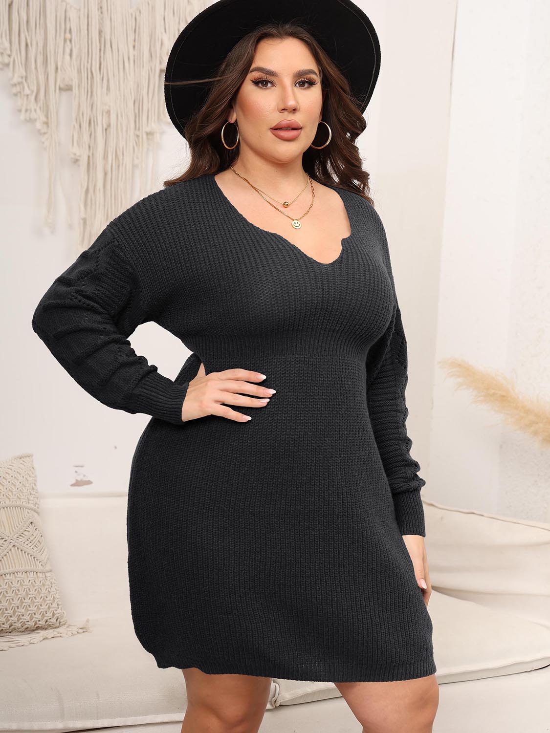 Plus Size Dropped Shoulder Long Sleeve Knit Mini Dress (3 Colors)