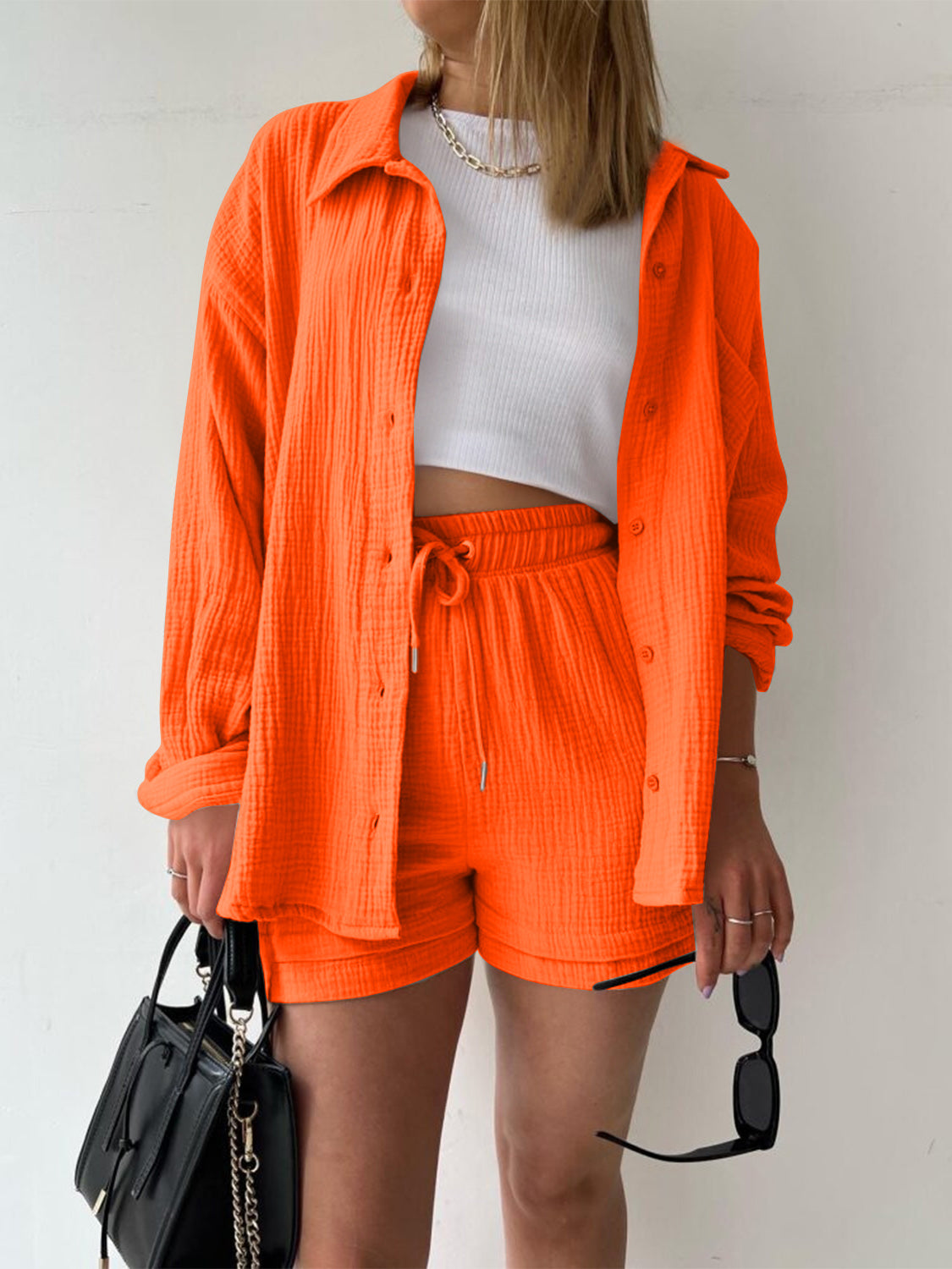 Outfit Set - Texture Button Up Shirt and Drawstring Shorts (11 Colors up to 2XL)