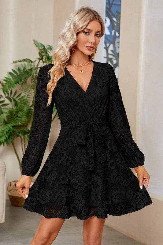 Surplice Lace Long Sleeve Mini Dress in Black
