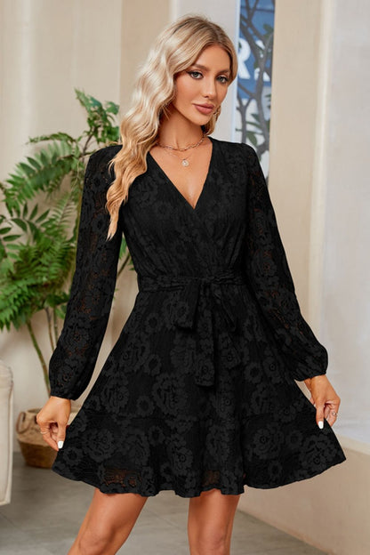 Surplice Lace Long Sleeve Mini Dress in Black
