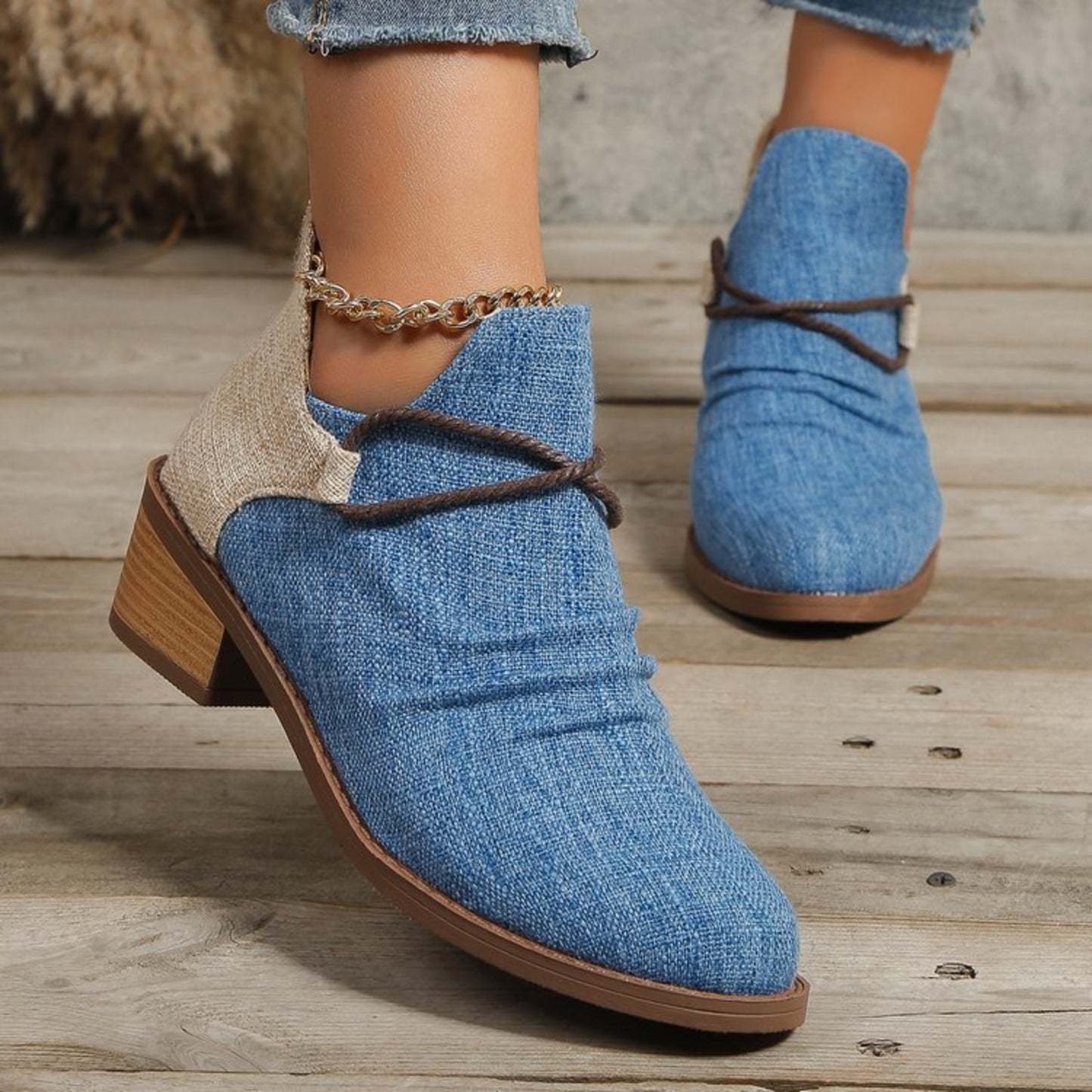 Contrast Canvas Low Heel Boots (2 Colors)