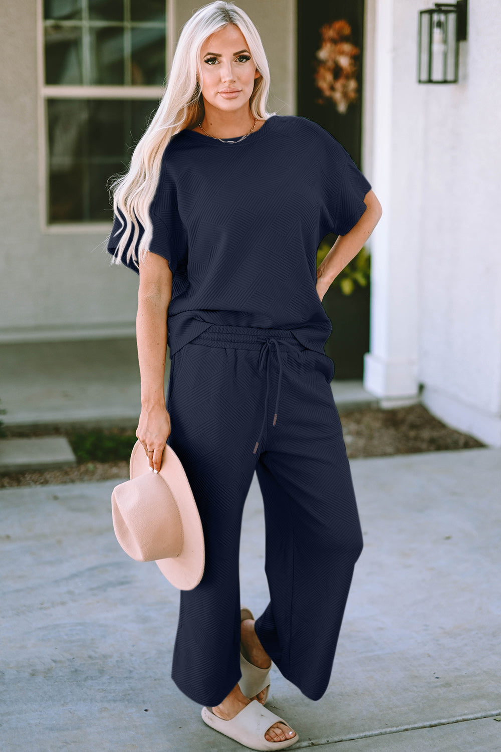Outfit Set - Double Take Full Size Texture Short Sleeve Top and Pants Set (4 Colors)