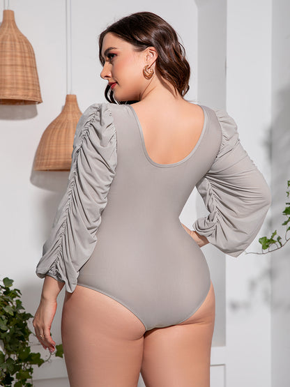 Plus Size Tied Deep V Balloon Sleeve One-Piece Swimsuit (2 Colors)