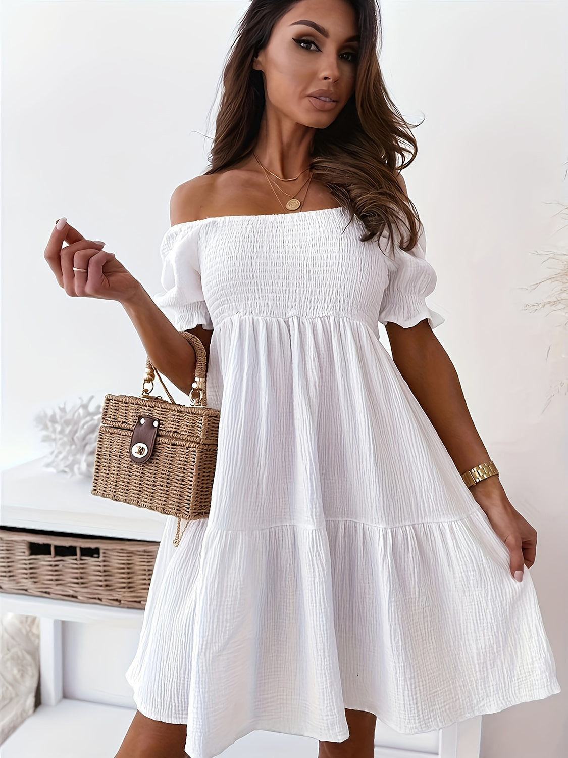 Full Size Ruffled Off-Shoulder Short Sleeve Dress (7 Colors)