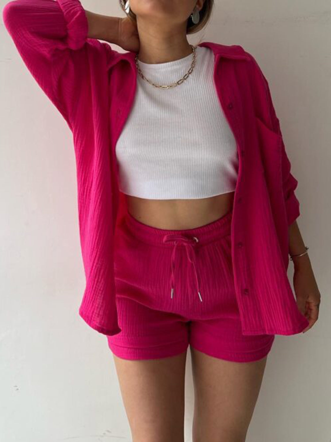 Outfit Set - Texture Button Up Shirt and Drawstring Shorts (11 Colors up to 2XL)