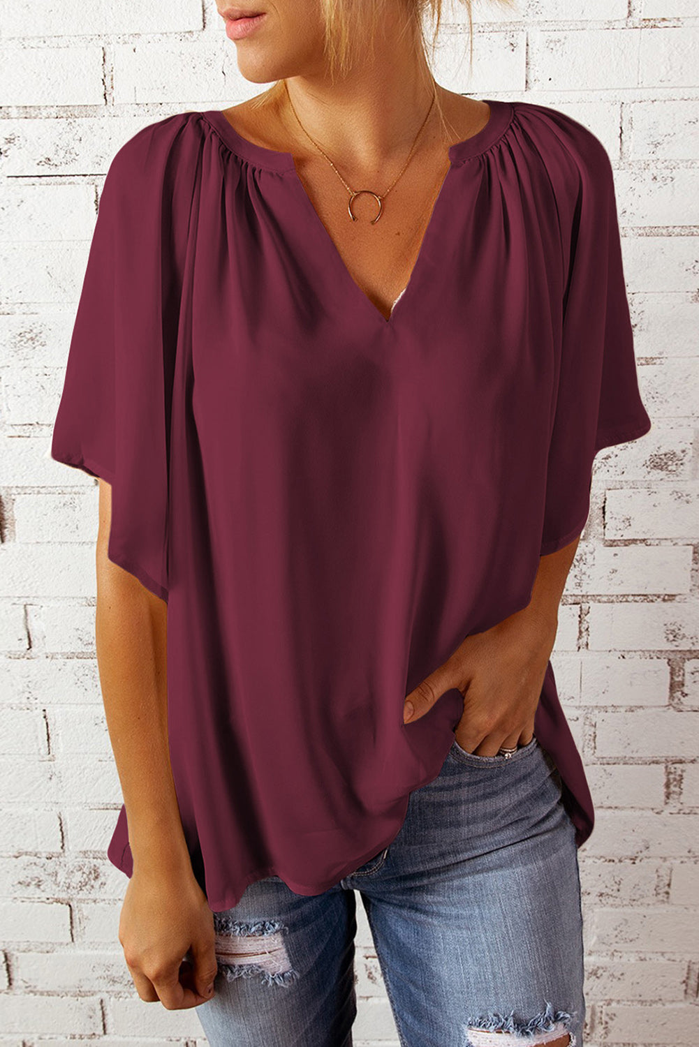 Gathered Detail Notched Neck Flutter Sleeve Top (8 Colors)