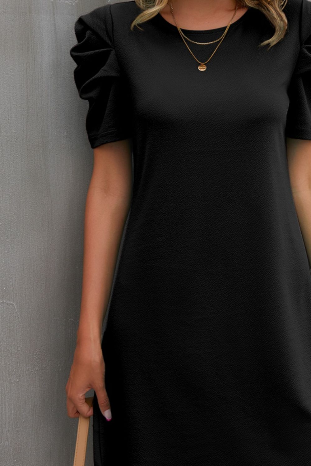 Round Neck Puff Sleeve Mini Dress (4 Colors)