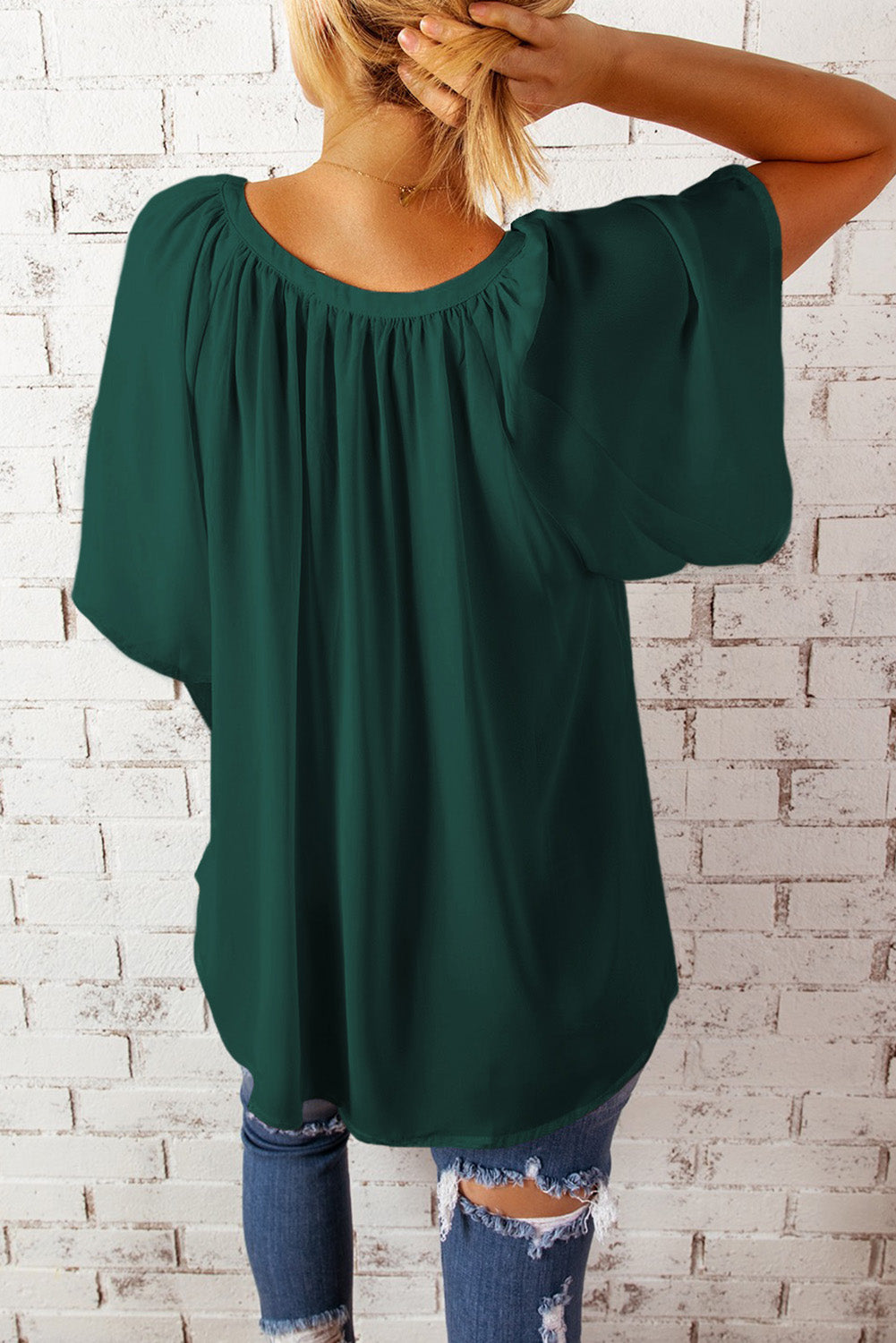 Gathered Detail Notched Neck Flutter Sleeve Top (8 Colors)