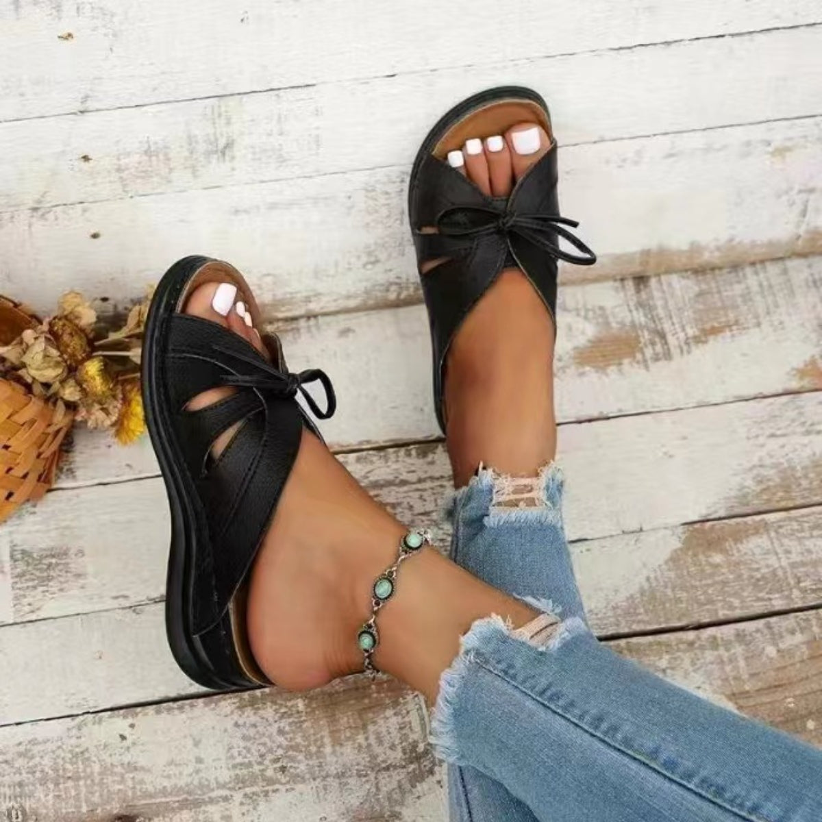 Tied Open Toe Low Heel Sandals (6 Colors)