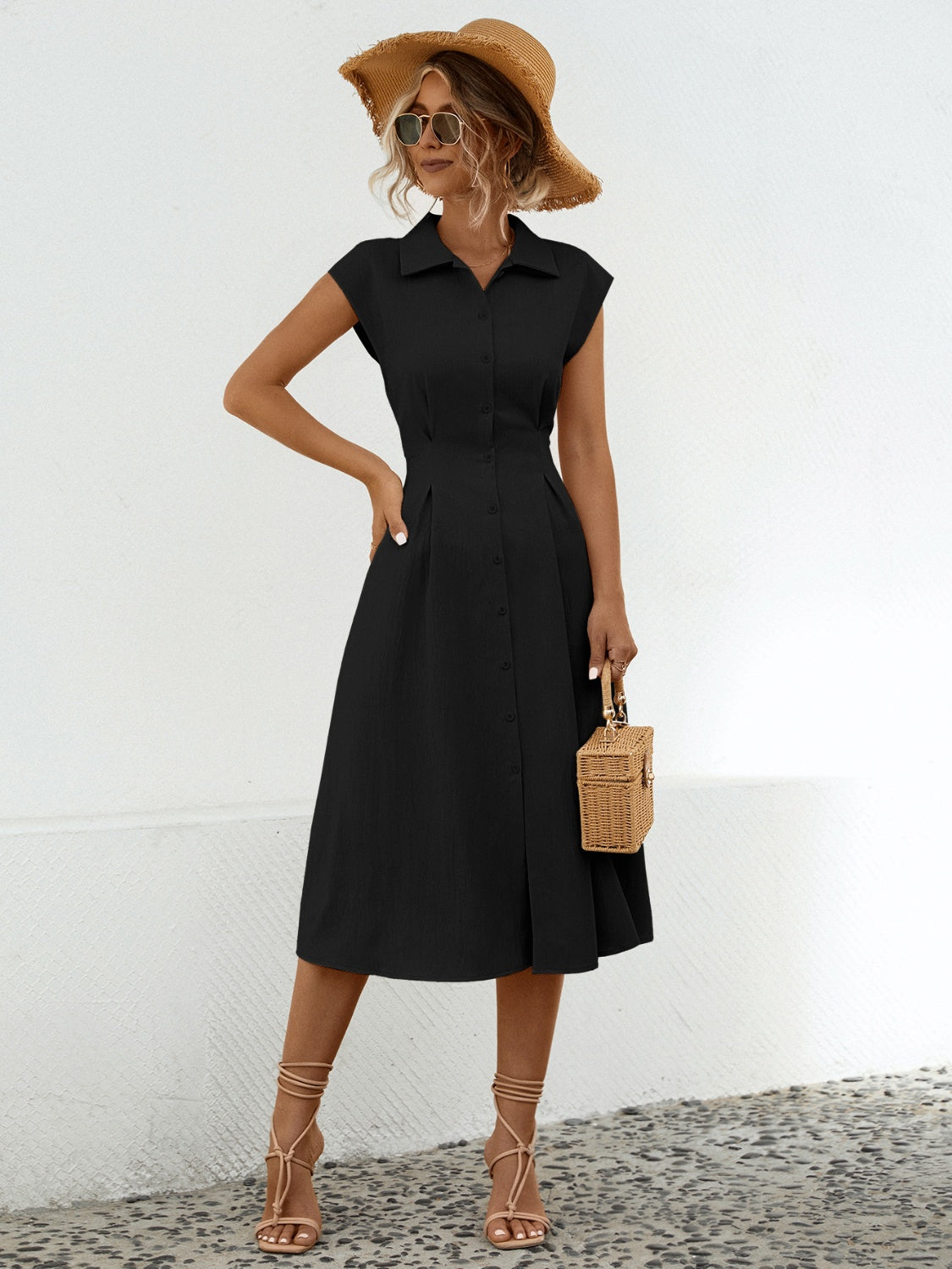 Button Up Cap Sleeve Midi Dress (2 Colors)