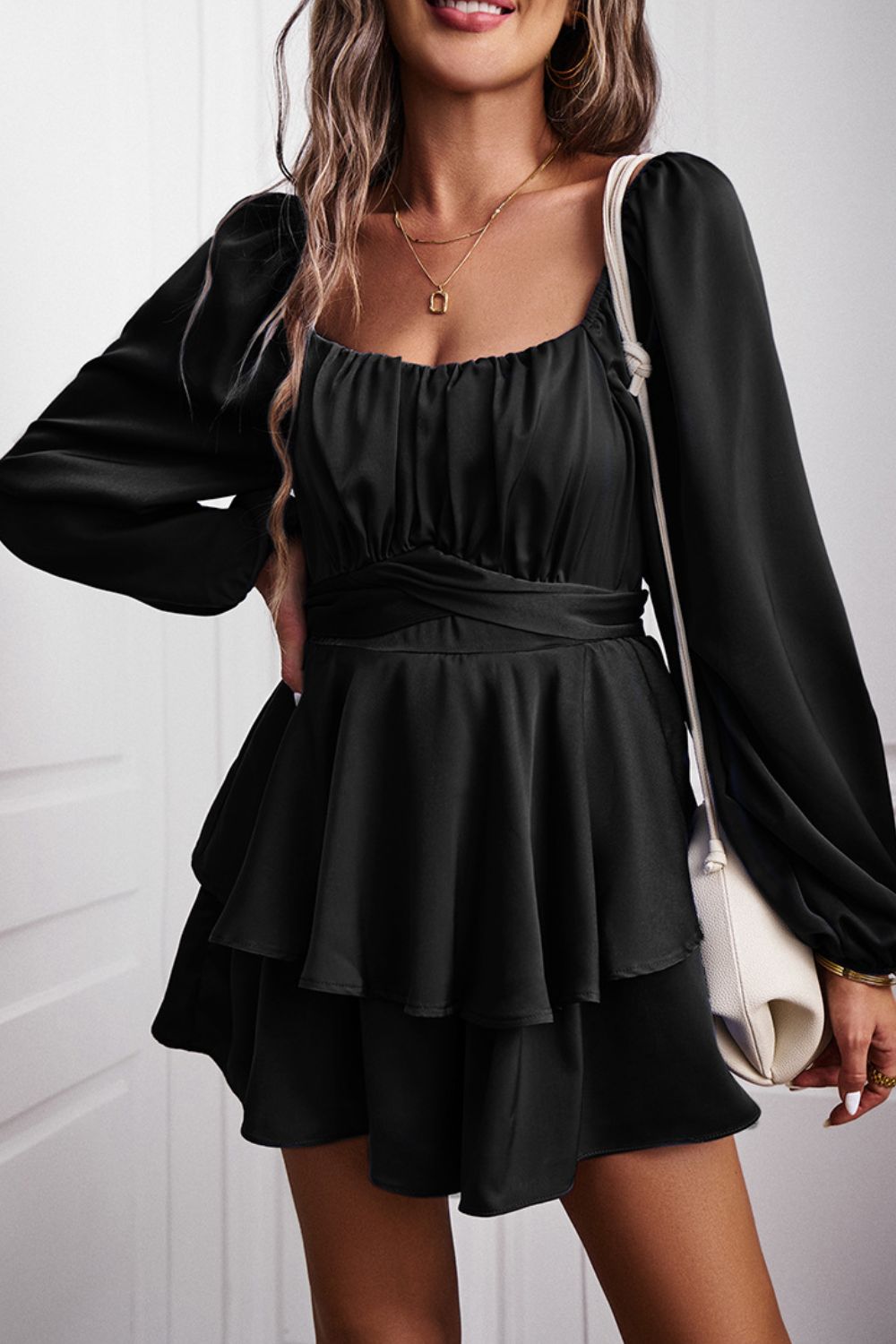 Long Balloon Sleeve Layered Romper (5 Colors)