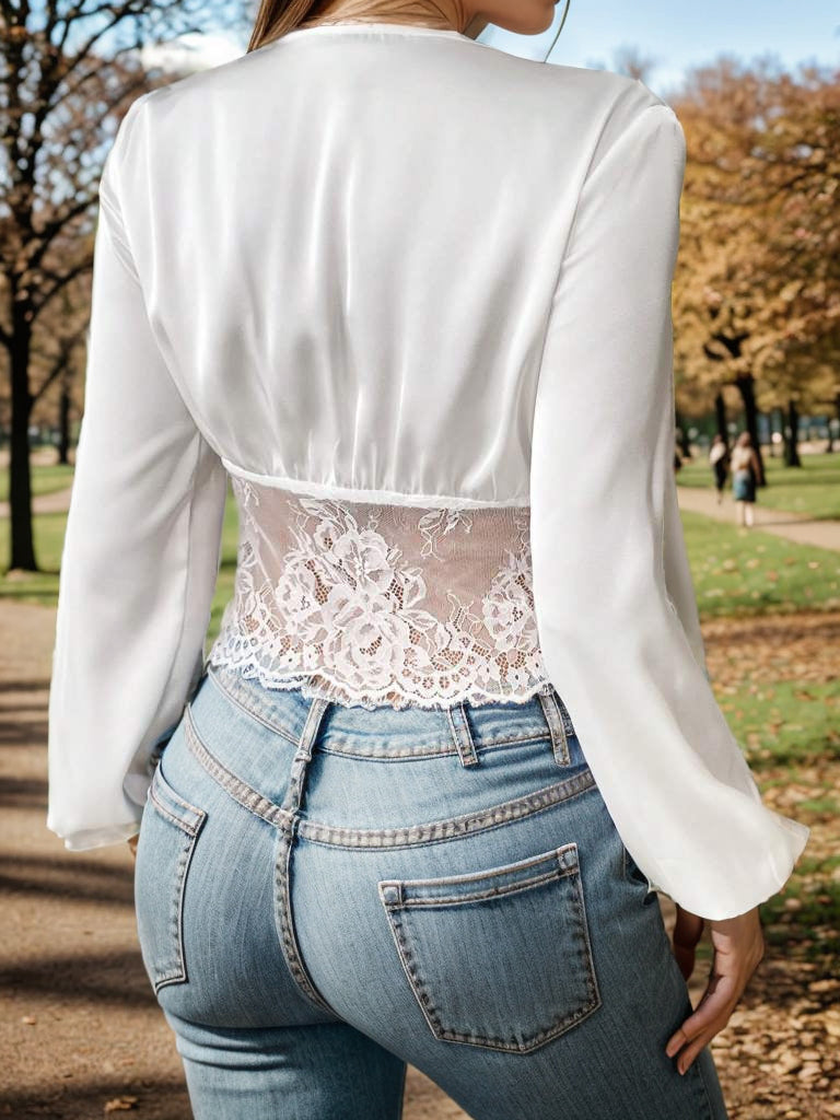 Lace Detail Plunge Balloon Sleeve Blouse in White