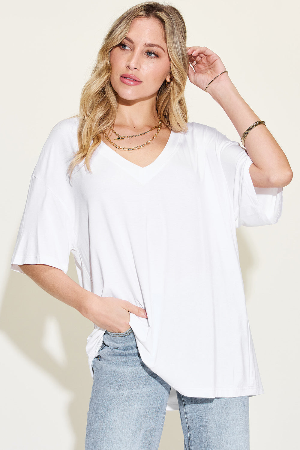 Basic Bae Full Size Bamboo V-Neck Drop Shoulder T-Shirt (4 Colors)