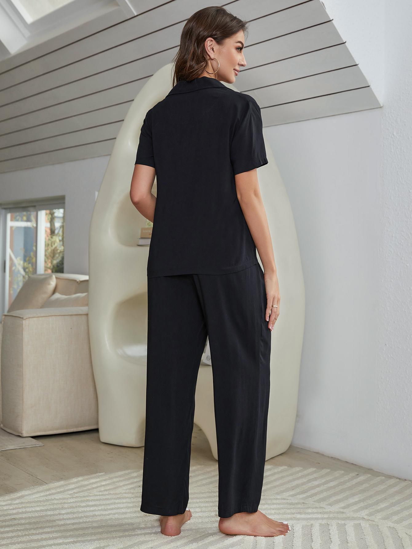 Short Sleeve Shirt, Bralette, and Pants Lounge Set in Black