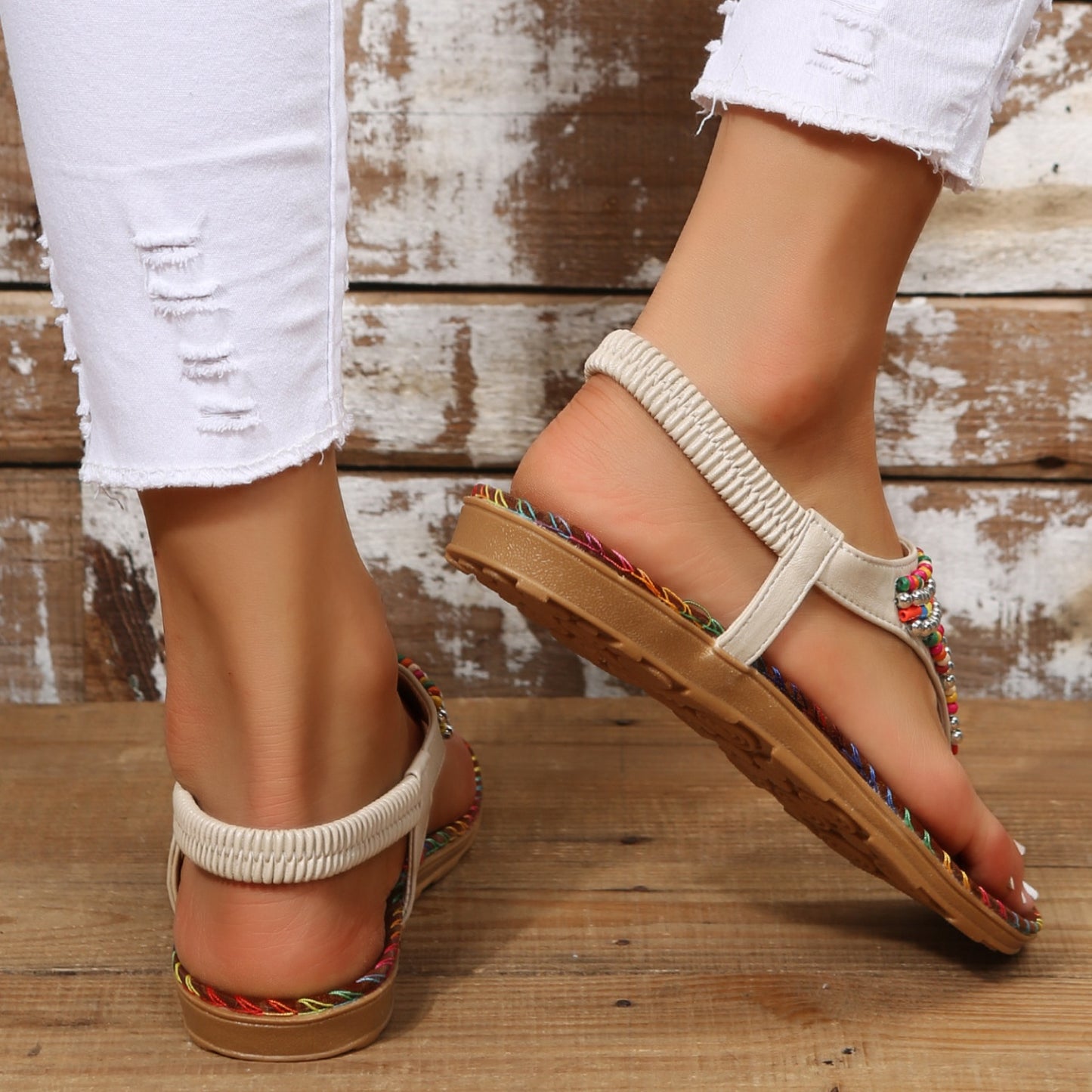 Beaded PU Leather Open Toe Sandals (2 Colors)