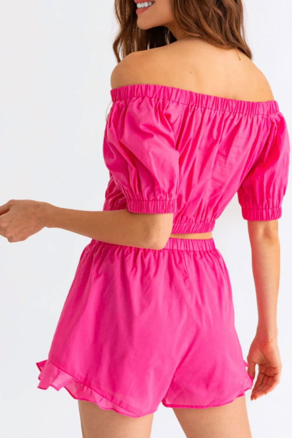 Pink Off Shoulder Crop Top and Ruffled Shorts Set