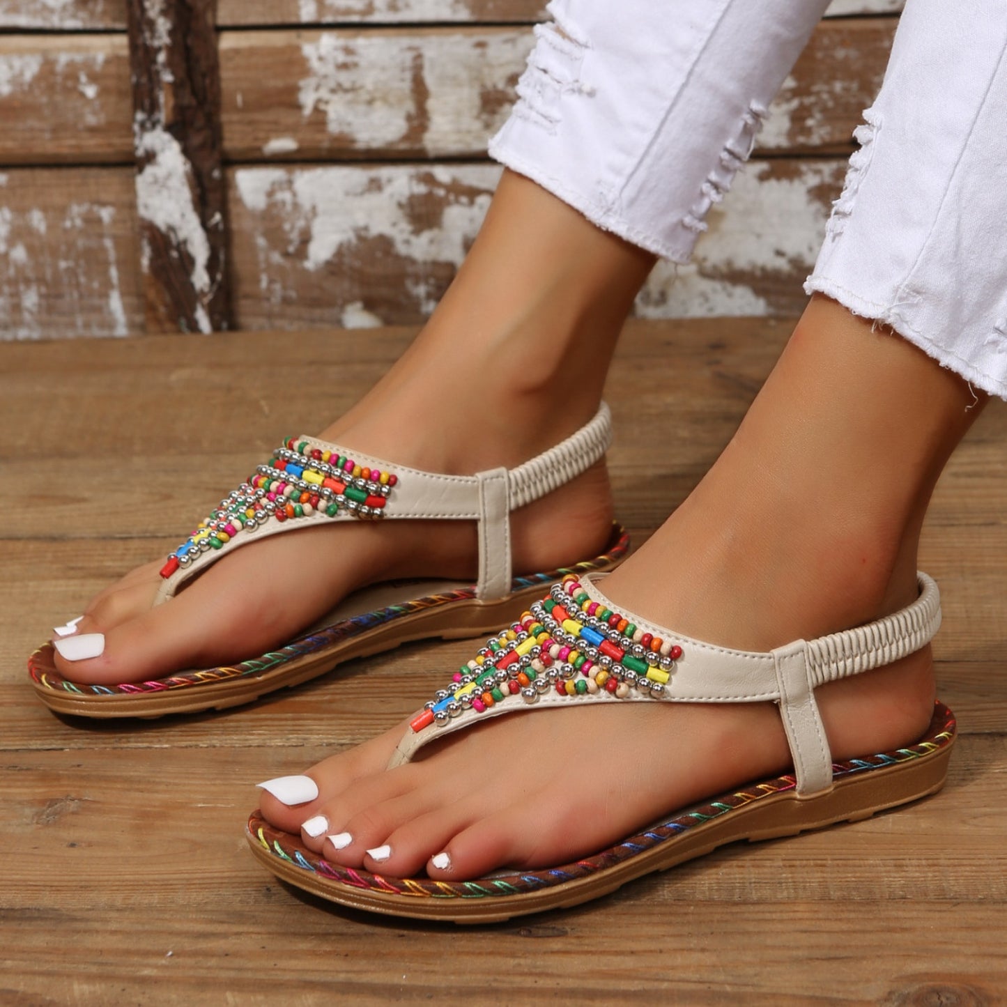 Beaded PU Leather Open Toe Sandals (2 Colors)