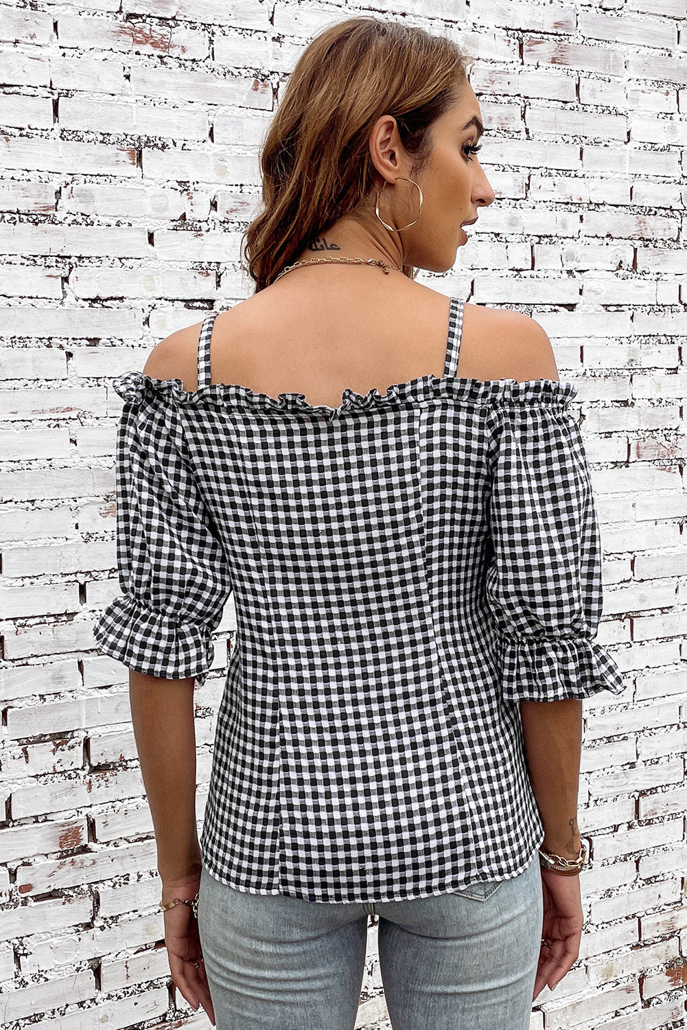 Black and White Plaid Buttoned Sweetheart Neck Cold-Shoulder Top