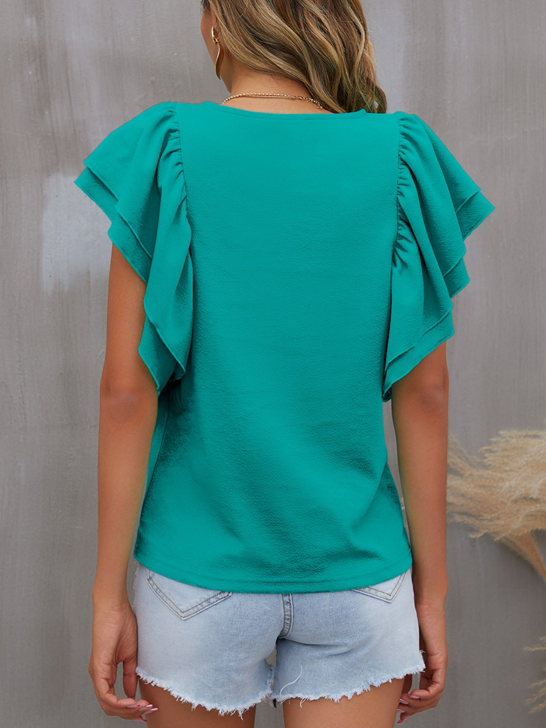 Round Neck Flounce Sleeve Blouse (7 Colors)