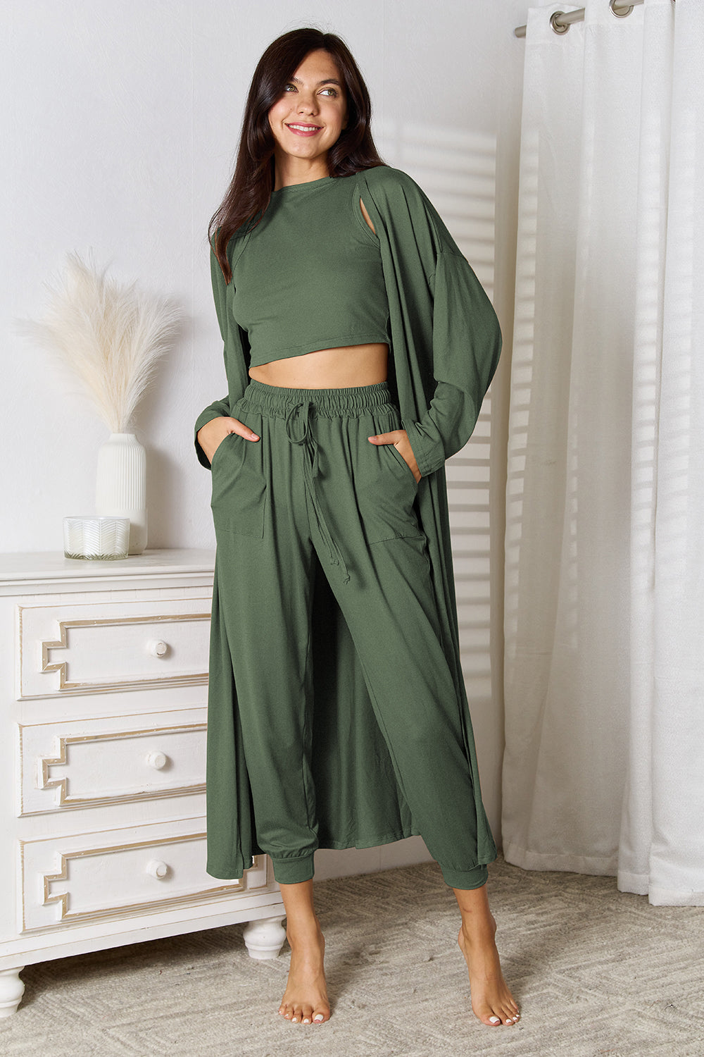 Tank, Pants, and Cardigan 3 Piece Set with Pockets (4 Colors)