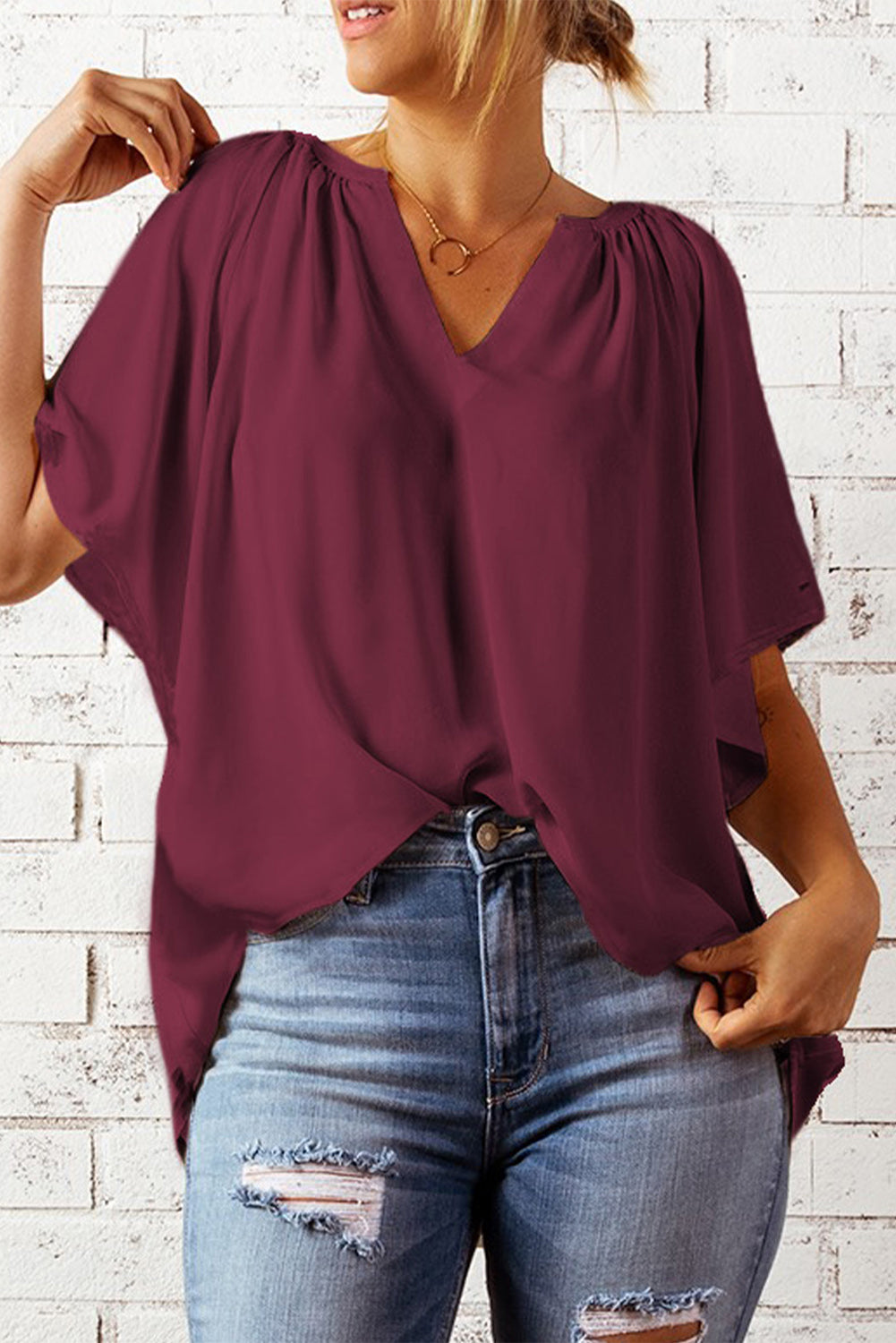 Gathered Detail Notched Neck Flutter Sleeve Top (8 Colors)
