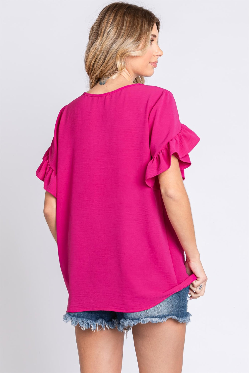 Magenta V-Neck Ruffle Trim Short Sleeve Blouse