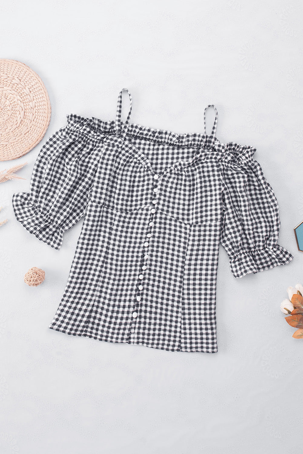 Black and White Plaid Buttoned Sweetheart Neck Cold-Shoulder Top