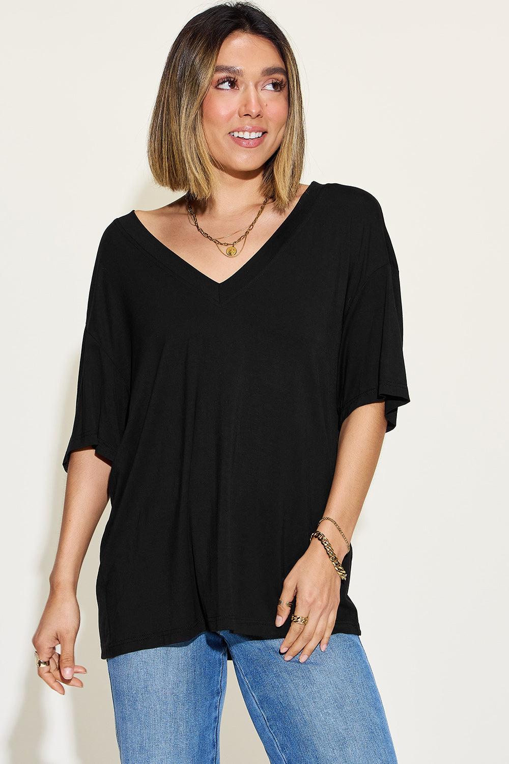 Basic Bae Full Size Bamboo V-Neck Drop Shoulder T-Shirt (4 Colors)