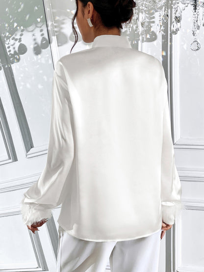 Tie Neck Long Sleeve Shirt in White