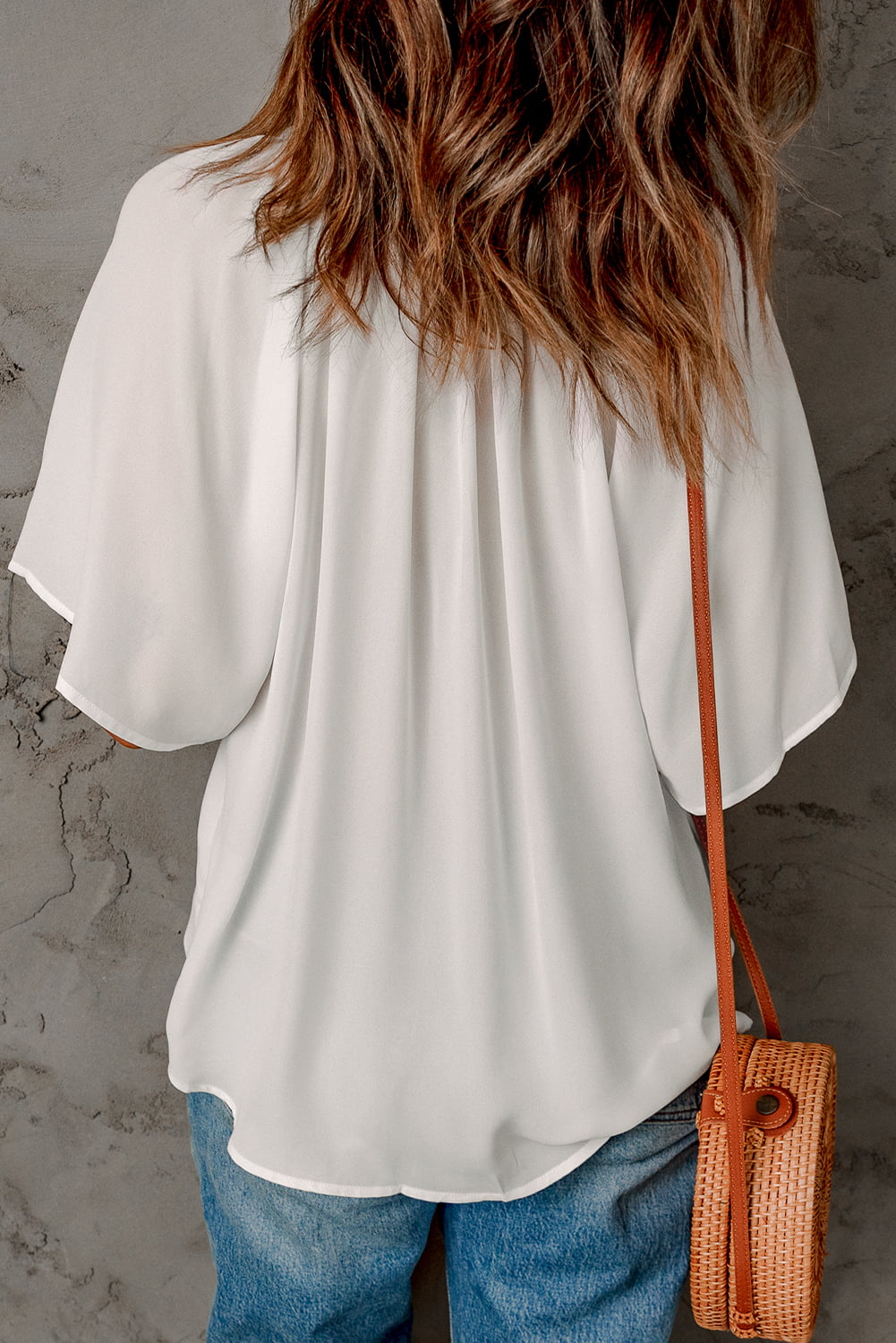 Gathered Detail Notched Neck Flutter Sleeve Top (8 Colors)