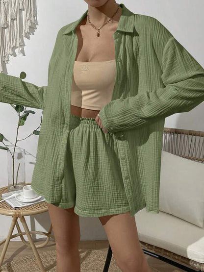Dropped Shoulder Button Up Top and Elastic Waist Shorts Set (8 Colors)