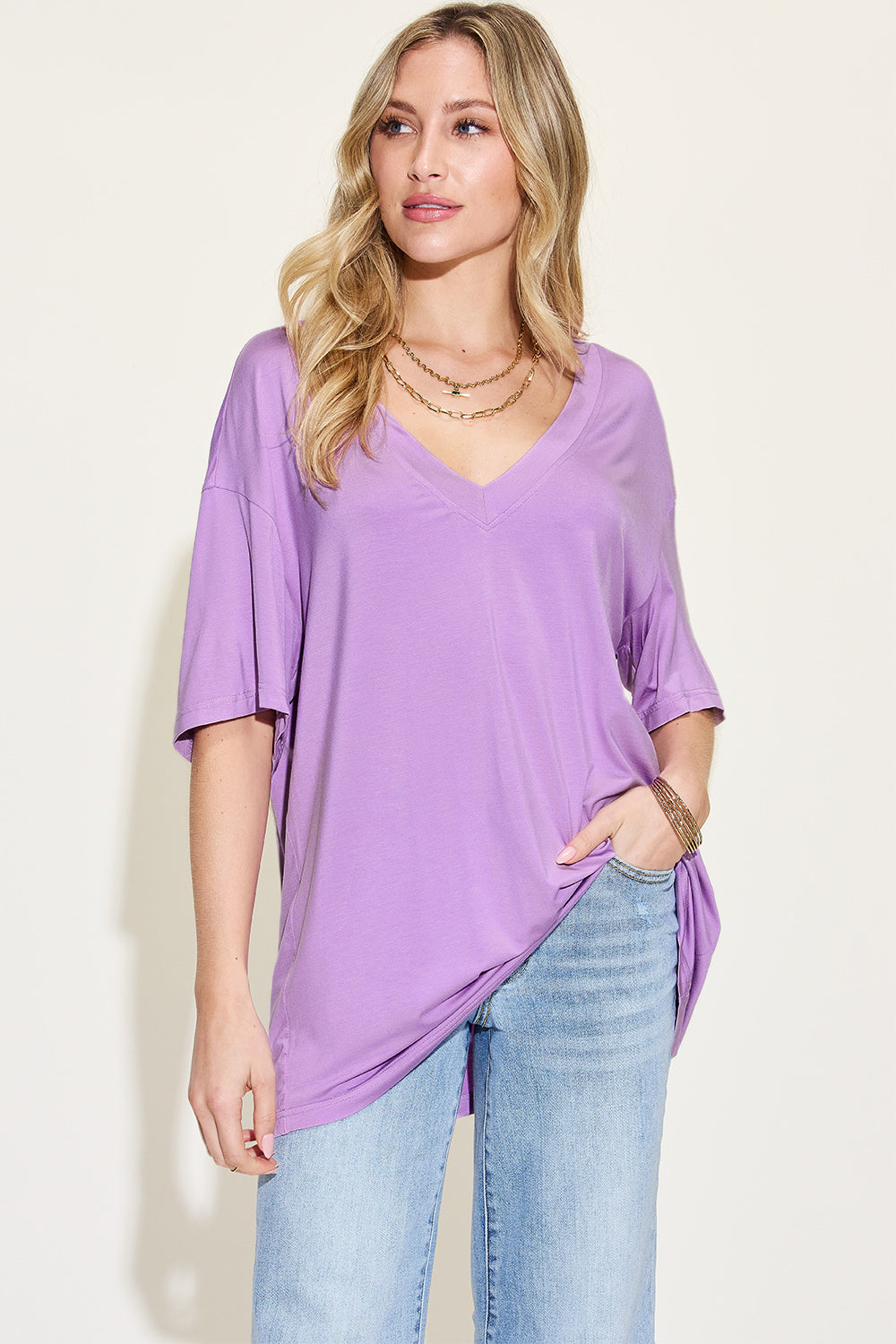 Basic Bae Full Size Bamboo V-Neck Drop Shoulder T-Shirt (4 Colors)