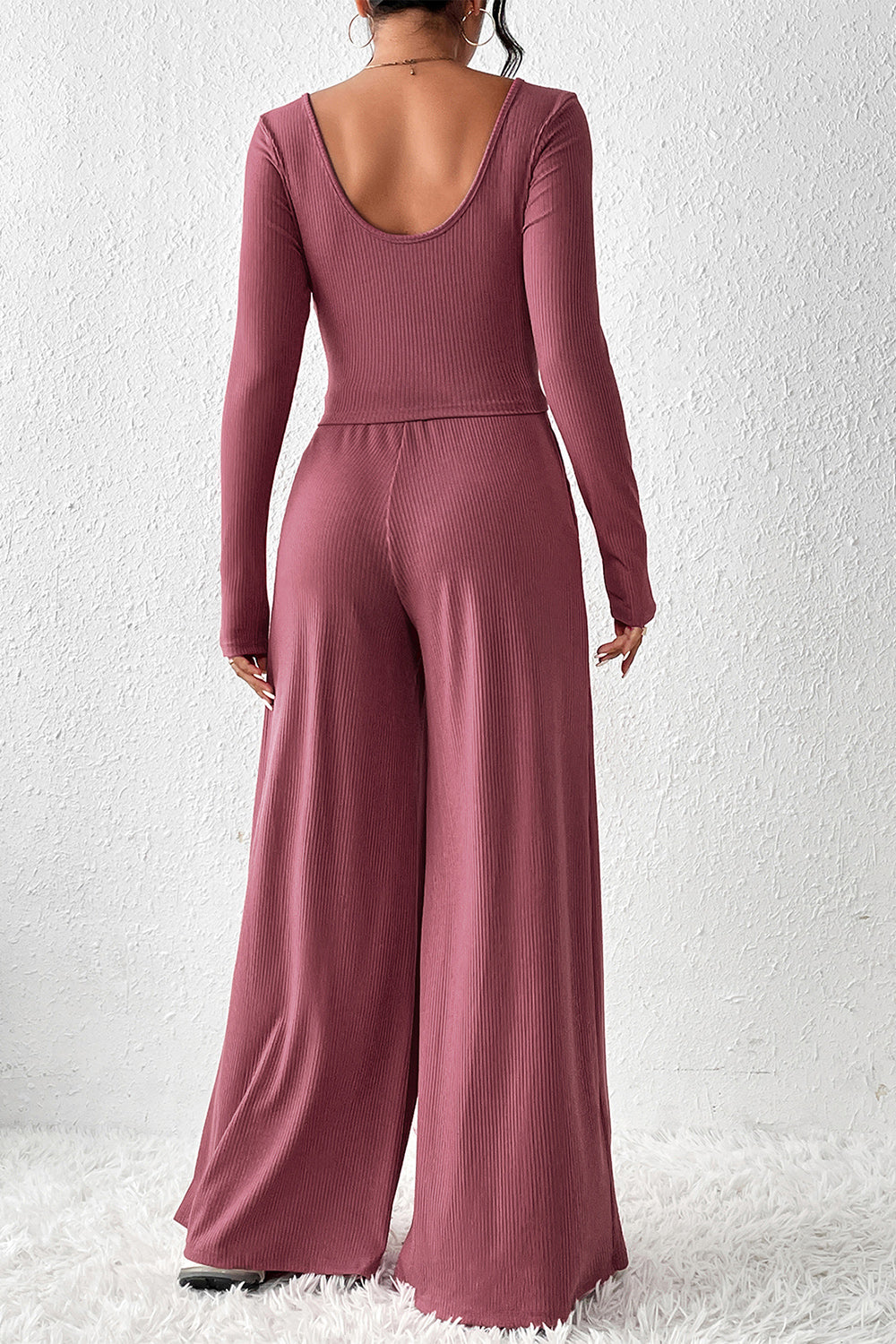 Ribbed Round Neck Top and Wide-Leg Pants Set (3 Colors)