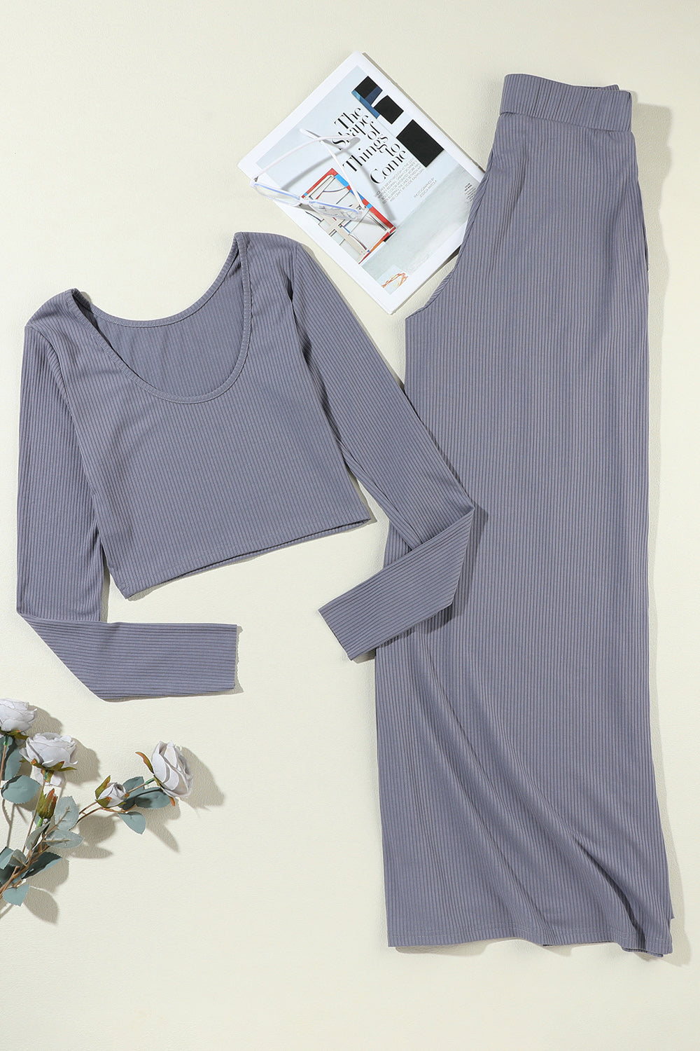 Ribbed Round Neck Top and Wide-Leg Pants Set (3 Colors)
