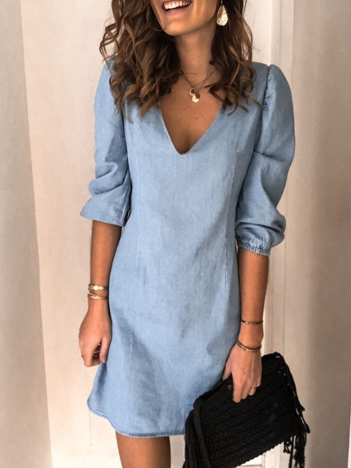 Full Size V-Neck Half Sleeve Denim Dress (4 Colors)