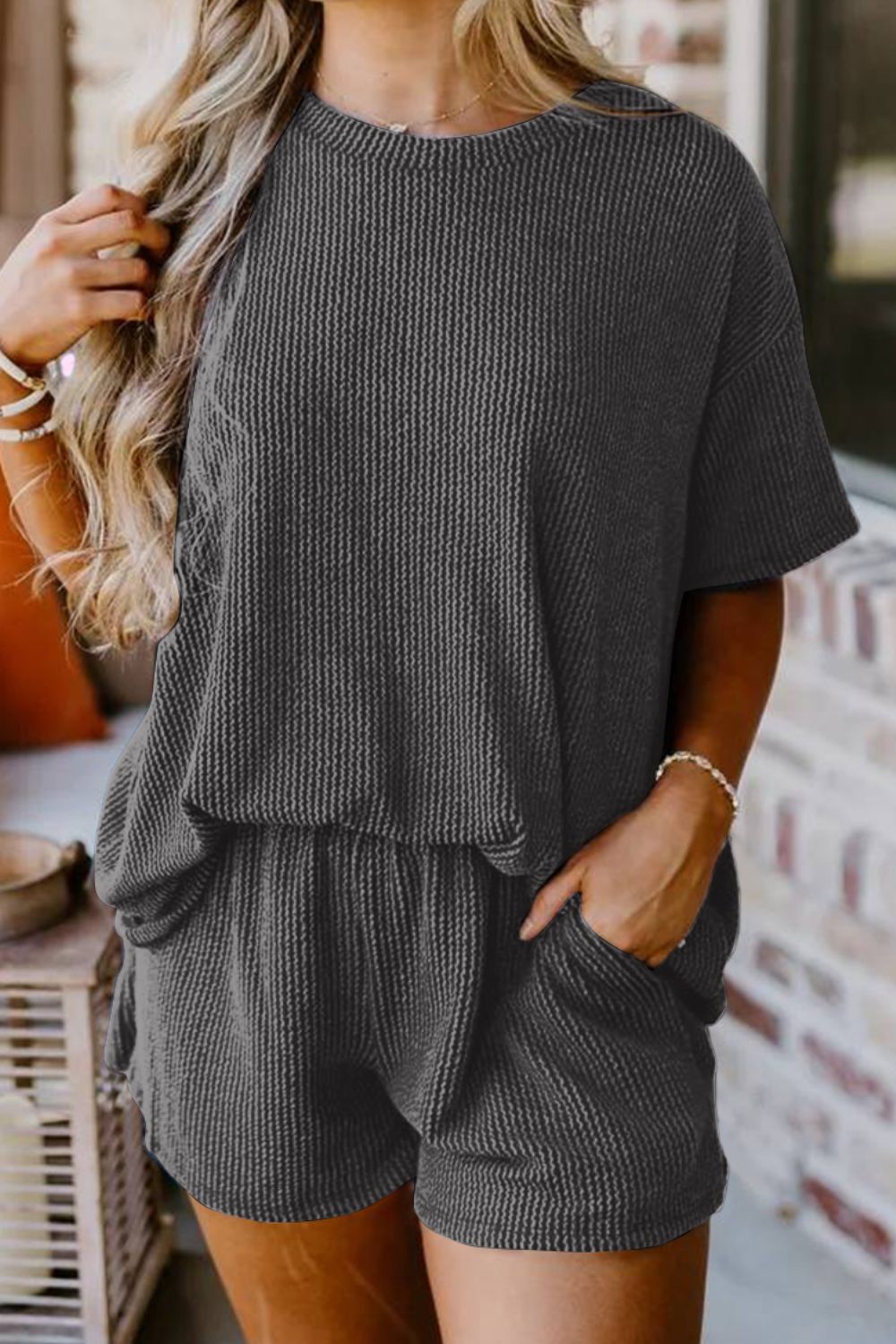 Textured Round Neck Top and Shorts Set in Charcoal