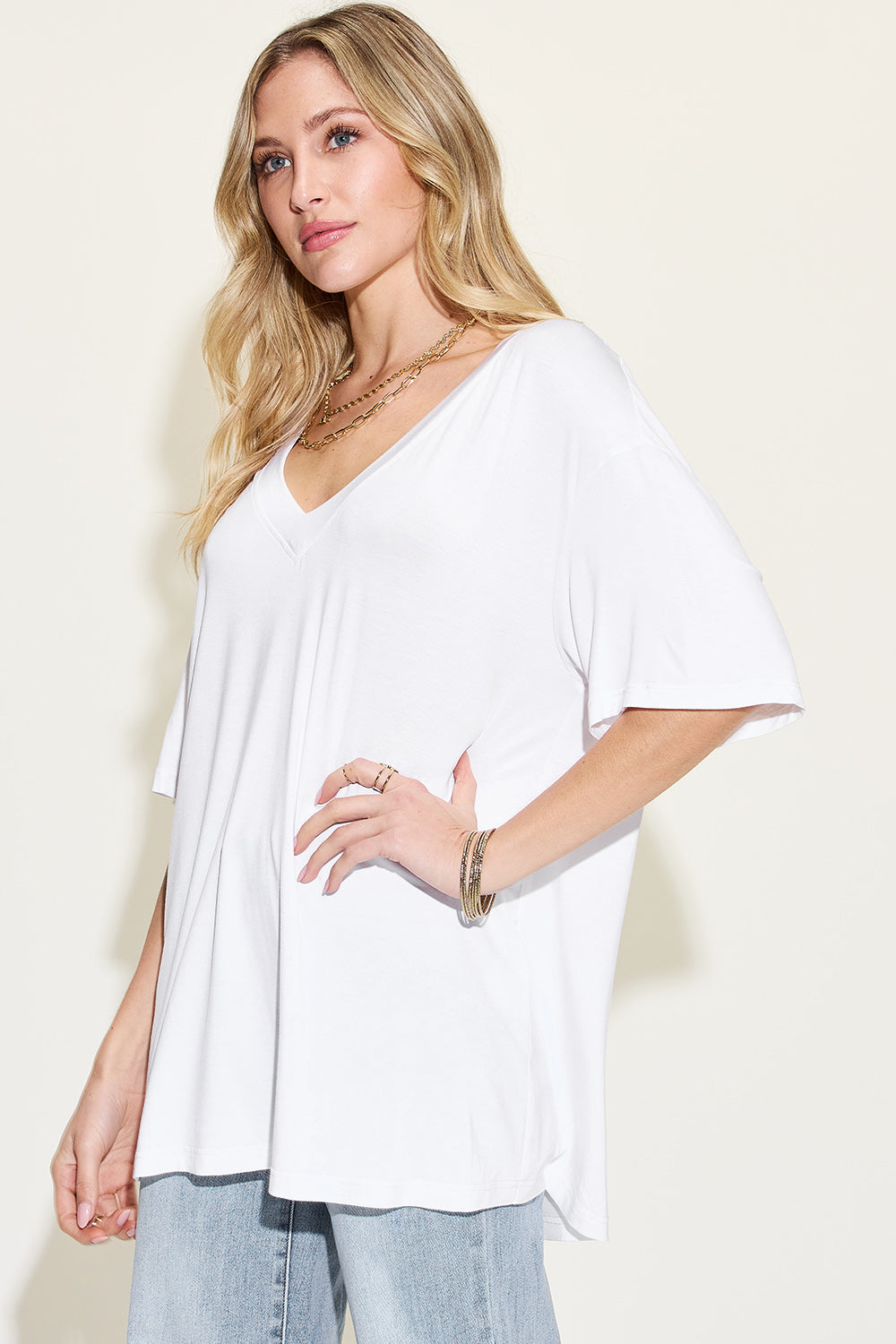 Basic Bae Full Size Bamboo V-Neck Drop Shoulder T-Shirt (4 Colors)