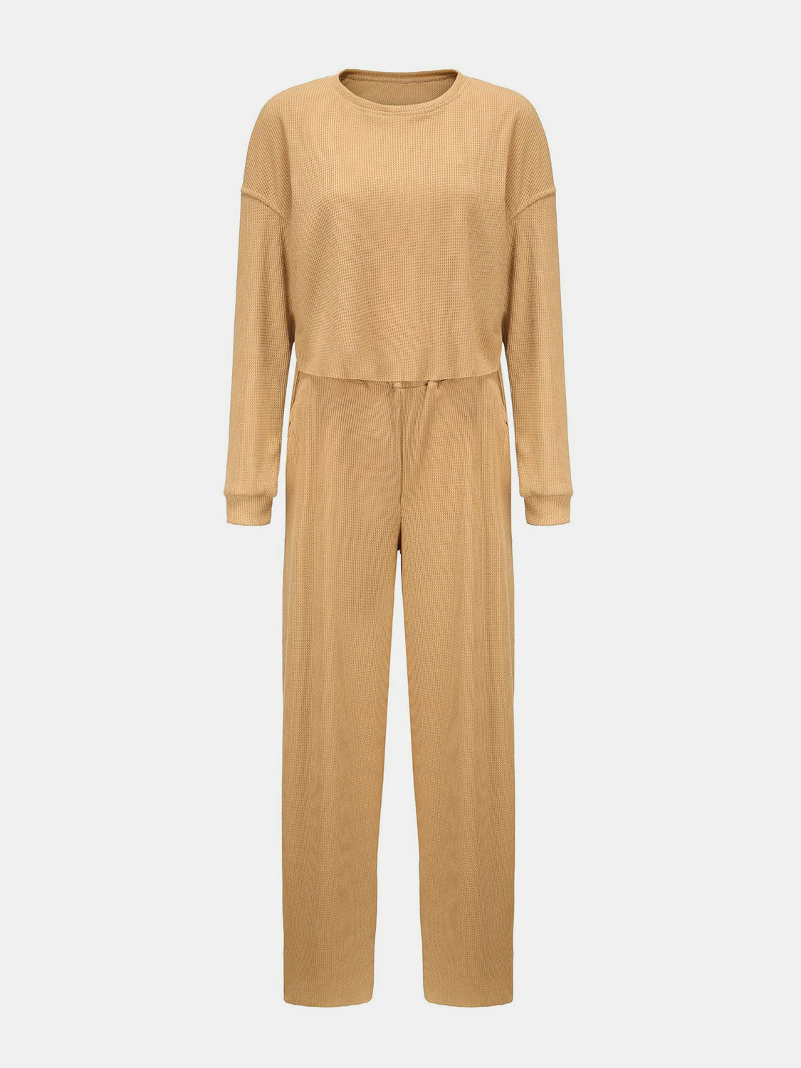 Waffle-Knit Round Neck Top and Pants Set (4 Colors)