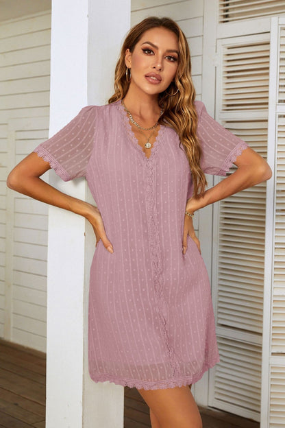 Lace Detail V-Neck Short Sleeve Dress (4 Colors)
