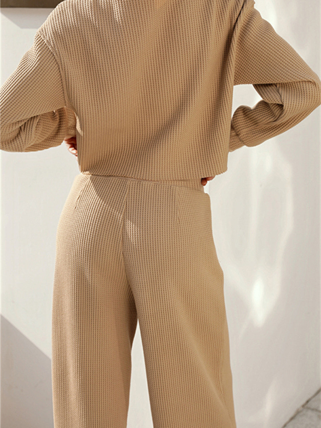 Waffle-Knit Round Neck Top and Pants Set (4 Colors)